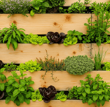 Horta vertical com ervas e hortaliças em estrutura de pallet de madeira clara.