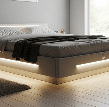 Fita LED com sensor instalada sob a cama em quarto moderno iluminado suavemente.