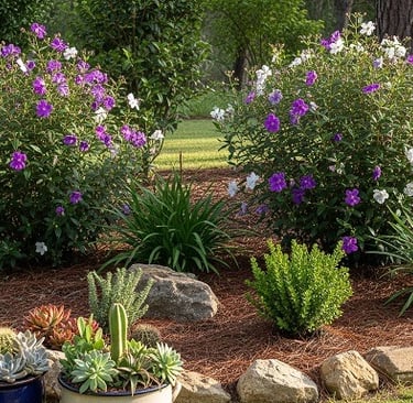 Jardim com flores roxas e brancas, suculentas e cactos em vasos de cerâmica.