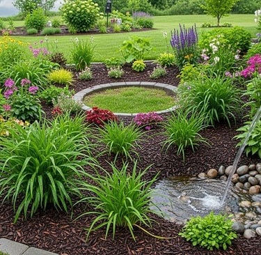 Jardim de chuva com flores e pedras recebendo água da calha da casa.