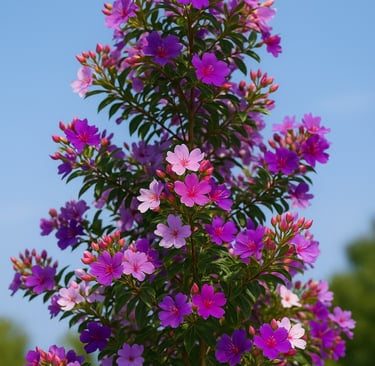 Manacá da serra em flor com pétalas roxas e rosadas sob céu azul.