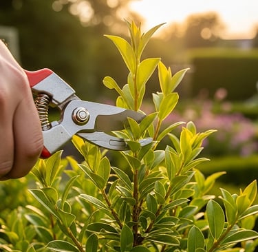 Mão utilizando tesoura de poda para cortar galho de arbusto em jardim ao entardecer.