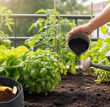 Mãos adubando horta orgânica com húmus e regador, ao lado de composteira doméstica.