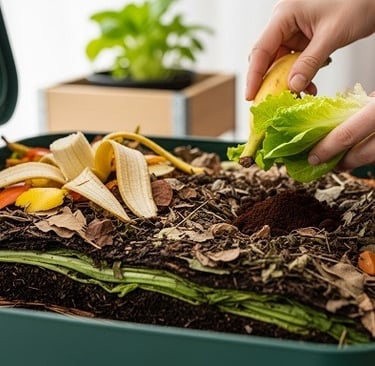 Mãos colocando restos de alimentos e folhas secas em composteira doméstica verde.