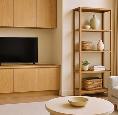 Sala moderna com móveis planejados de madeira e estante com decoração minimalista ao lado de sofá