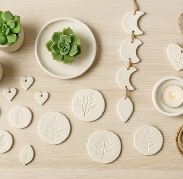 Peças decorativas feitas à mão com cerâmica fria, incluindo vasos, pingentes e porta-velas artesanai