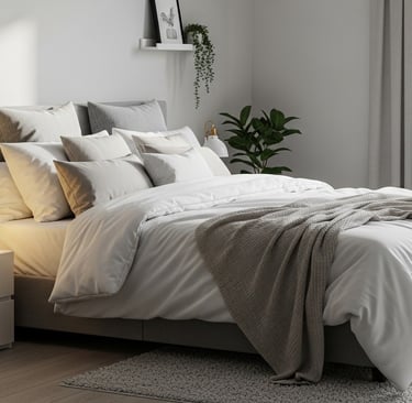 Quarto de casal com cores neutras, iluminação suave e decoração aconchegante com luminária 3D