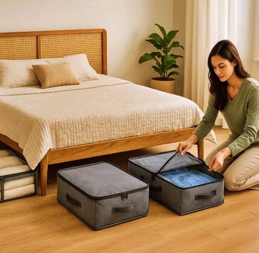 mulher organizando roupas em recipientes de armazenamento cinza sob a cama num quarto bonito