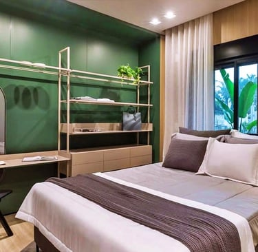 quarto decorado com as cores que são tendência em 2025, como verde oliva, terrosos e azul produndo