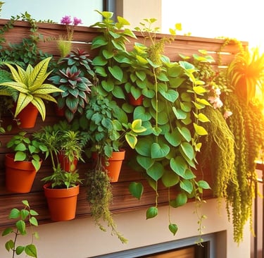 Jardim vertical em sacada pequena com painel de madeira, e plantas tropicais como samambaia e jibóia