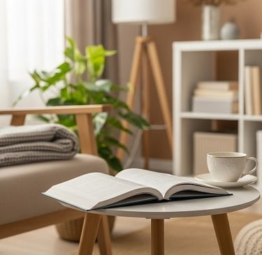 Sala aconchegante com livro aberto, xícara de chá e luz natural suave.