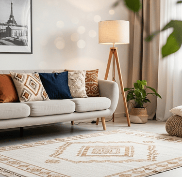 Sala aconchegante com sofá, almofadas boho, tapete artesanal e luminária de chão.