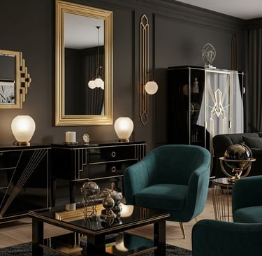 Sala Art Déco vintage com móveis geométricos, dourado e veludo, transmitindo luxo e elegância
