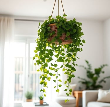 Planta hera inglesa pendurada em cesto suspenso com corrente em sala de estar iluminada e decorada