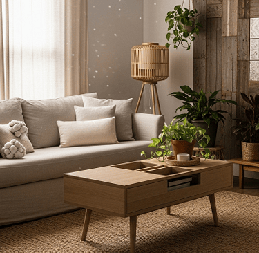  Sala iluminada naturalmente com sofá claro, mesa multifuncional, plantas e decoração sustentável em