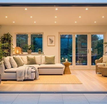 Sala integrada com varanda e plantas, iluminação aconchegante e portas de vidro abertas.
