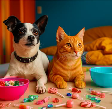 Cachorro e gato em ambiente com decoração pet-friendly e brinquedos, a tendência pra pets em casa