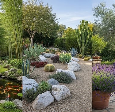 Três estilos de jardim: japonês com lago, xeriscaping e mediterrâneo com lavanda.