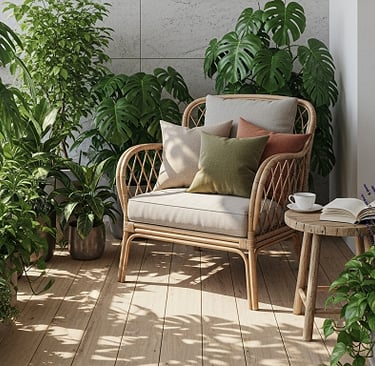 Varanda com poltrona de fibra natural, almofadas terrosas e plantas tropicais ao redor