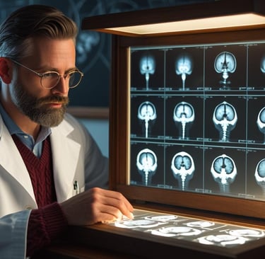 Doctor reviewing brain CT and MRI scan results on computer