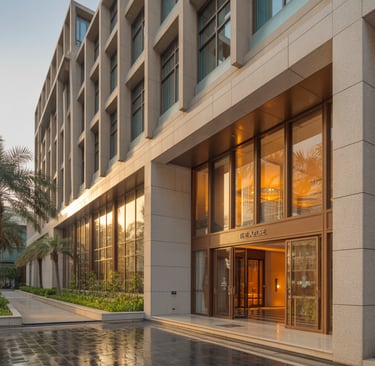 Modern hotel entrance with glass facade at sunset.