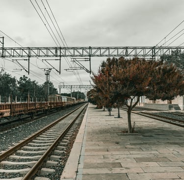 Empty railway platform with freight wagons, overhead lines, and a lone tree on an overcast day—calm, slow-travel vibe