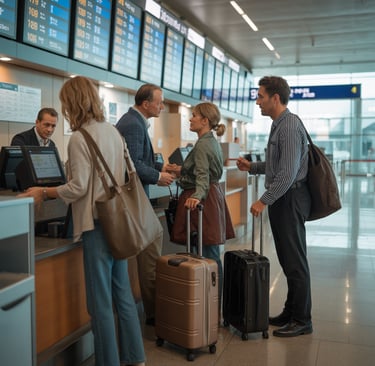 Travelers checking in at an airport counter with luggage before departure