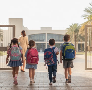 Back-to-school in the UAE: children entering a school gate with backpacks.