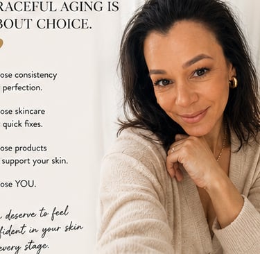 A smiling woman with glowing skin promoting graceful aging and skincare consistency.