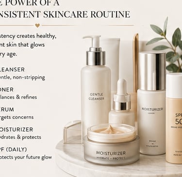 Skincare routine products including cleanser, toner, serum, moisturizer, and SPF 50 for healthy skin.
