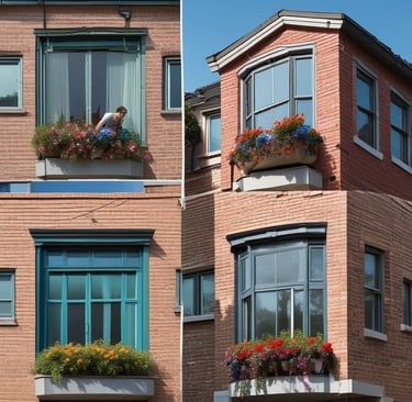 Two workers in protective gear are cleaning the large glass windows of a modern building. They are suspended mid-air by ropes and harnesses, equipped with cleaning tools.