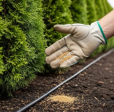 Abonando el seto de Leylandii fundamental en Primavera y Otoño