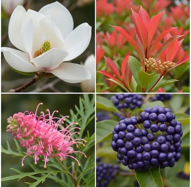 Collage de plantas especiales: flor de Magnolia, brotes de Fotinia, flor de Grevillea y bayas de Callicarpa.