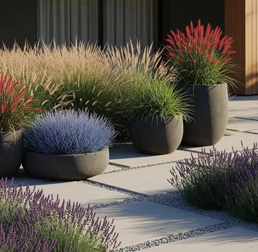 conjunto de gramíneas y aromáticas, un jardín sostenible