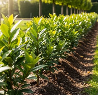 alineación de plantas de laurel jóvenes para formación de seto