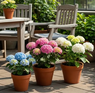 Hortensias en colores diferente en tres macetas en terraza con mubles de madera