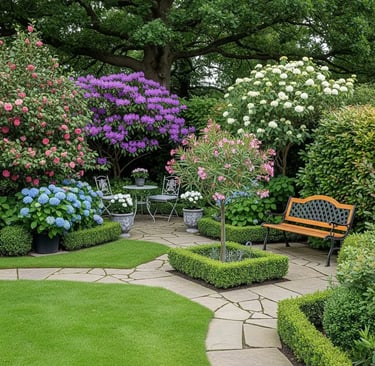 Jardín de estilo clásico con arbustos en flor