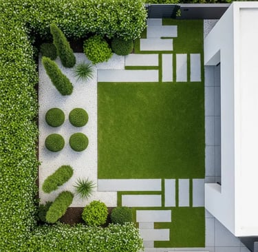 Jardin ordenado minimalista combinando texturas y formas
