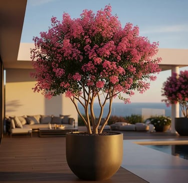 Una combinación ideal de esta lagerstroemia en un macetón de diseño moderno en porche chalet La Finca Pozuelo