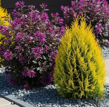 El contraste de colores loropetalo purpura y tuya aurea nana dorada