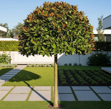 Magnolia grandiflora formada en árbol bien podado se integra perfectamente en jardín moderno