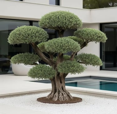 Olivo ejemplar de estilo bonsái como punto focal en un jardín moderno minimalista.