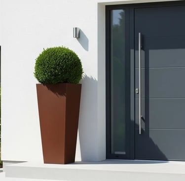 Entrada chalet Boadilla del Monte, maceta alta cuadrada  con dos bolas perfectas de boj faulkner