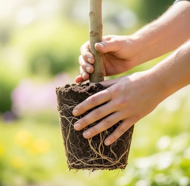 Tratando con cuidado el cepellón del árbol joven para su plantación
