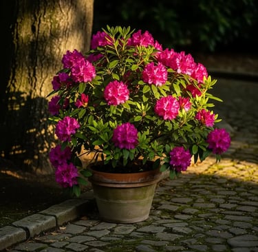 rododendro fucsia en maceta clásica de terracota 