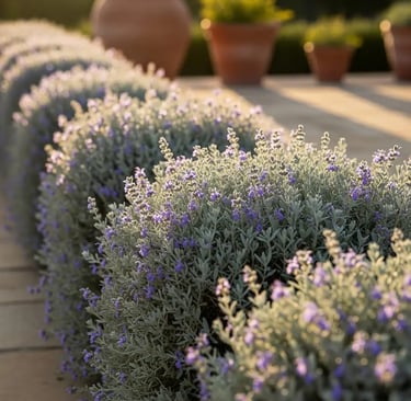 Teucrium alineado y recortado en flor. Ideal bordura