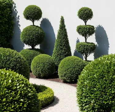 composición de piezas de topiaria arte en el jardín