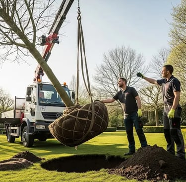 Transportando con camión grúa y plantando un gran ejemplar de Liquidambar pyramidal