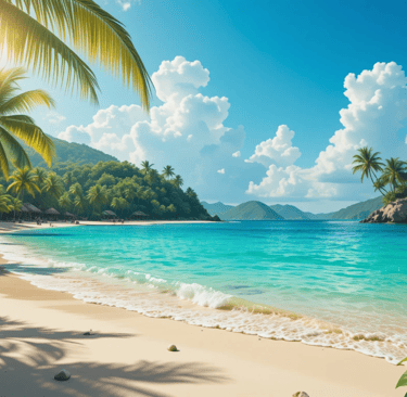 a beach scene with a tropical island in the background