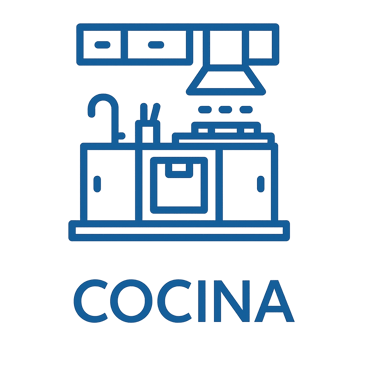 Ícono azul que representa cocina integral equipada en departamento, elemento gráfico